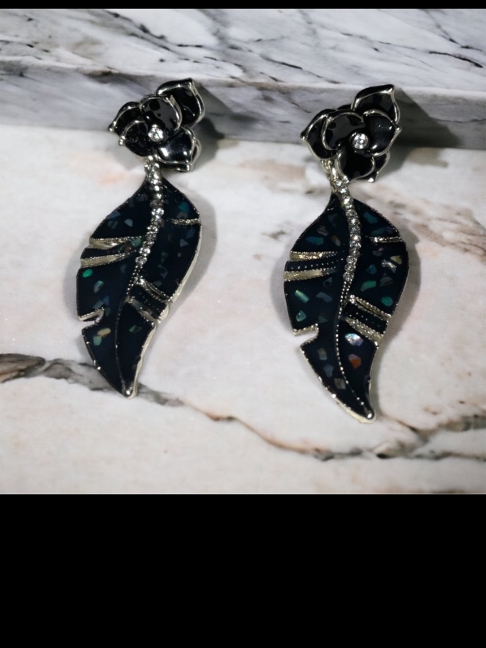 Black Floral Feather Drop Earrings with Iridescent Inlay Accent